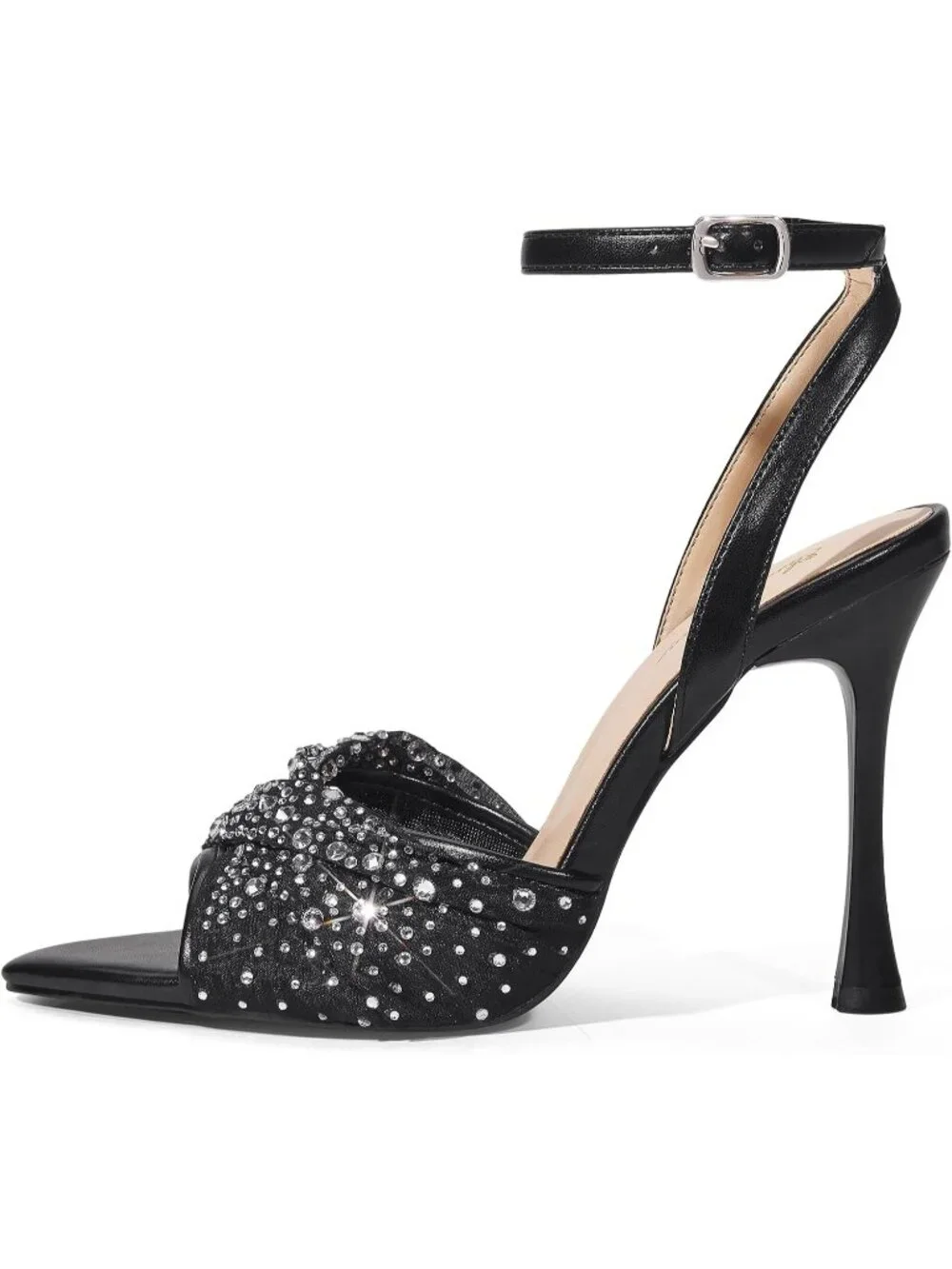 Women's Black Mesh Rhinestone 4 Inch Strappy High Heels Sandals Pointed Open Toe